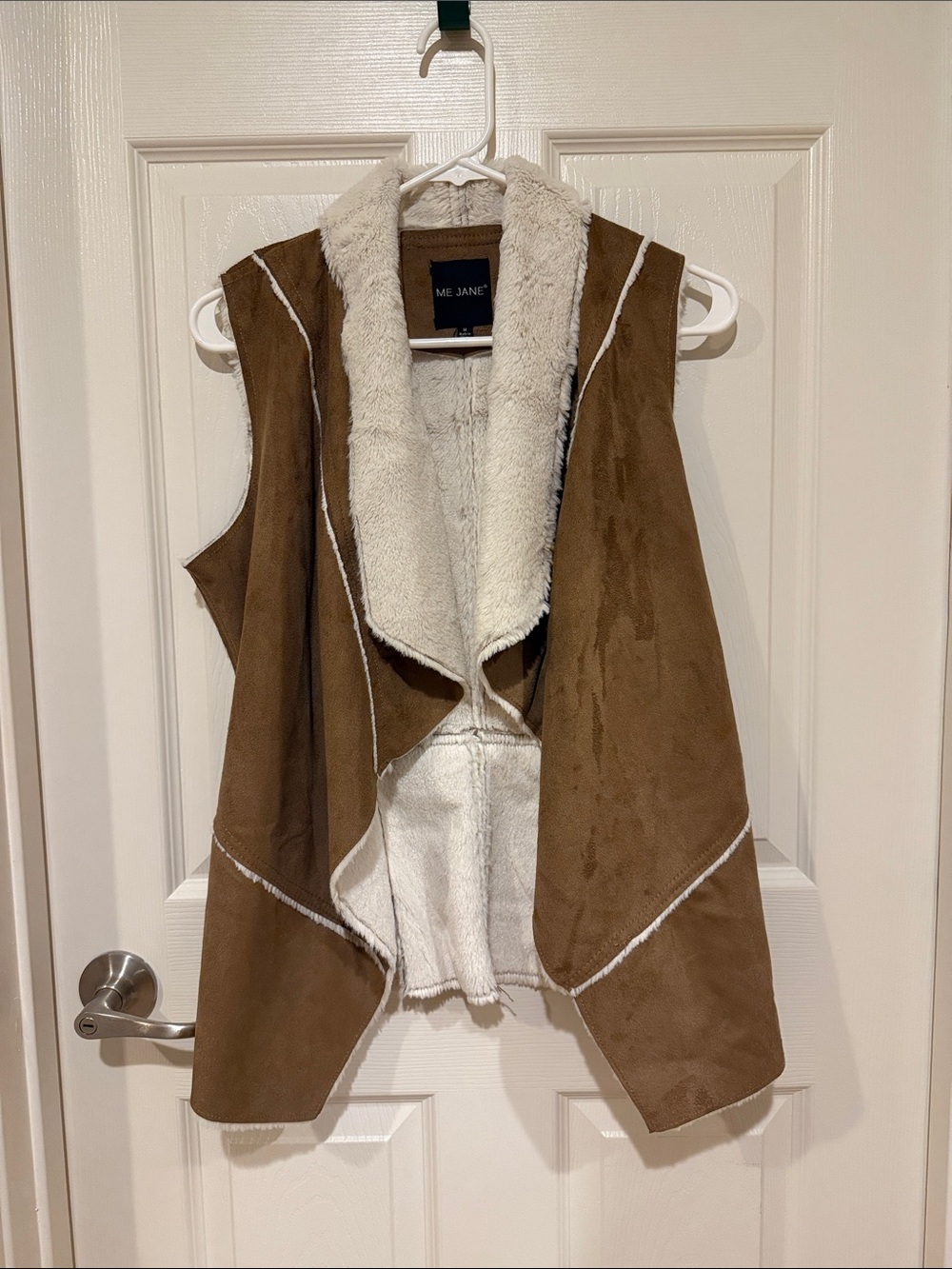 Me Jane Brown Faux-Suede Open Front Vest with Cream Sherpa Lining